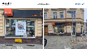 Zdjęcie pokazuje stan przed i po. Zdemontowane reklamy (wyklejki w oknie) ulica Dąbrowskiego