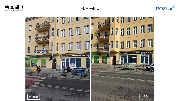 Zdjęcie przedstawiające stan przed i po. Usunięta wyklejka w witrynie lokalu ul. Matejki